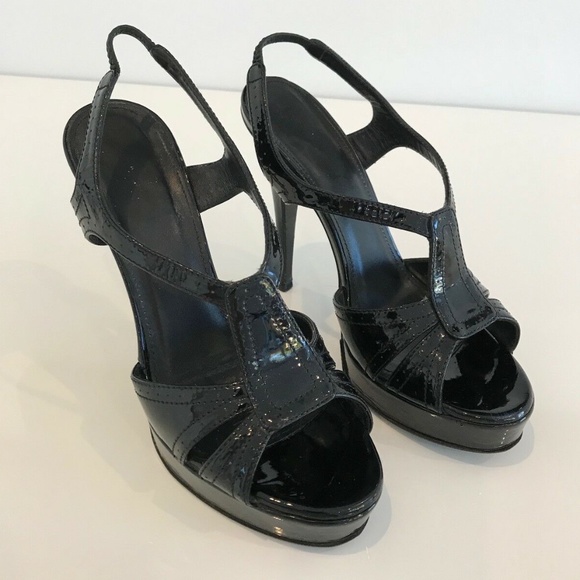 YVES SAINT LAURENT BLACK PATENT TRIBUTE PLATFORM SANDALS SIZE IT 37.5 / US 7.5 - Picture 1 of 13